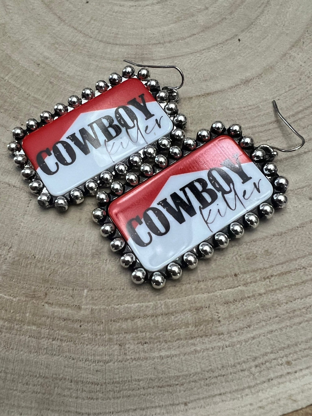 Cowboy Killer Rectangle Earrings — Red & White Western Statement