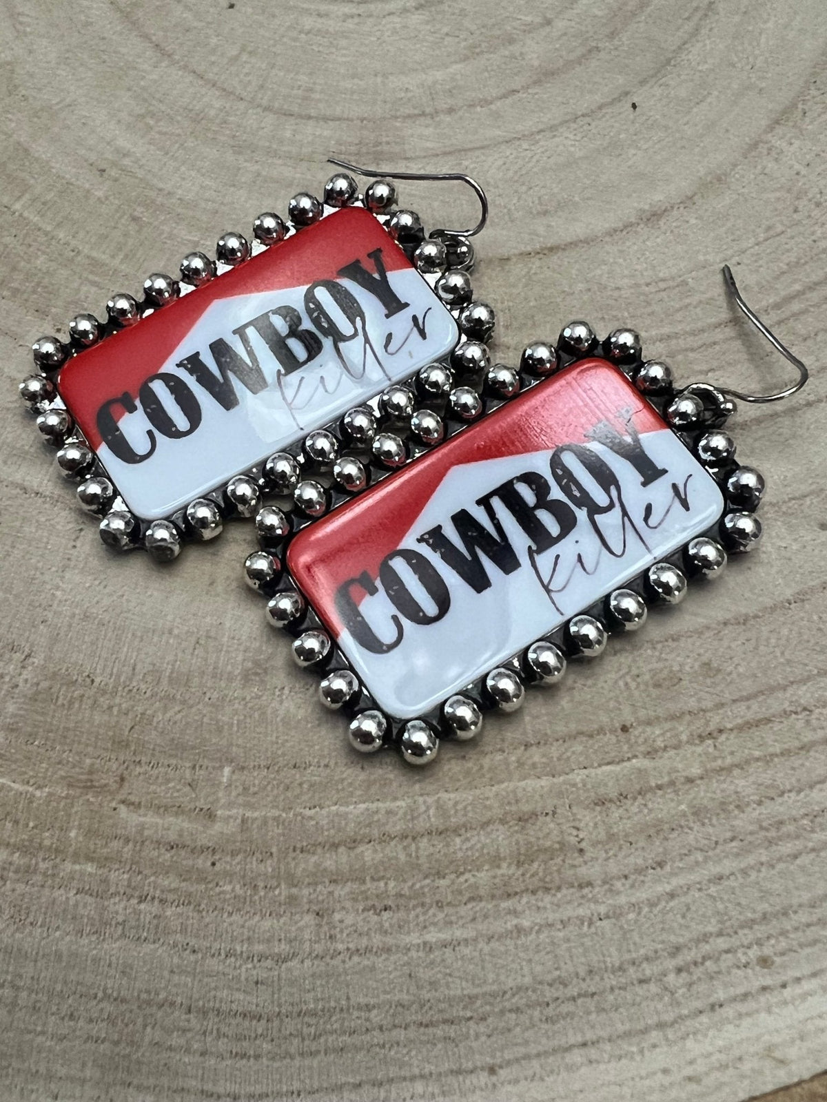 Cowboy Killer Rectangle Earrings — Red & White Western Statement