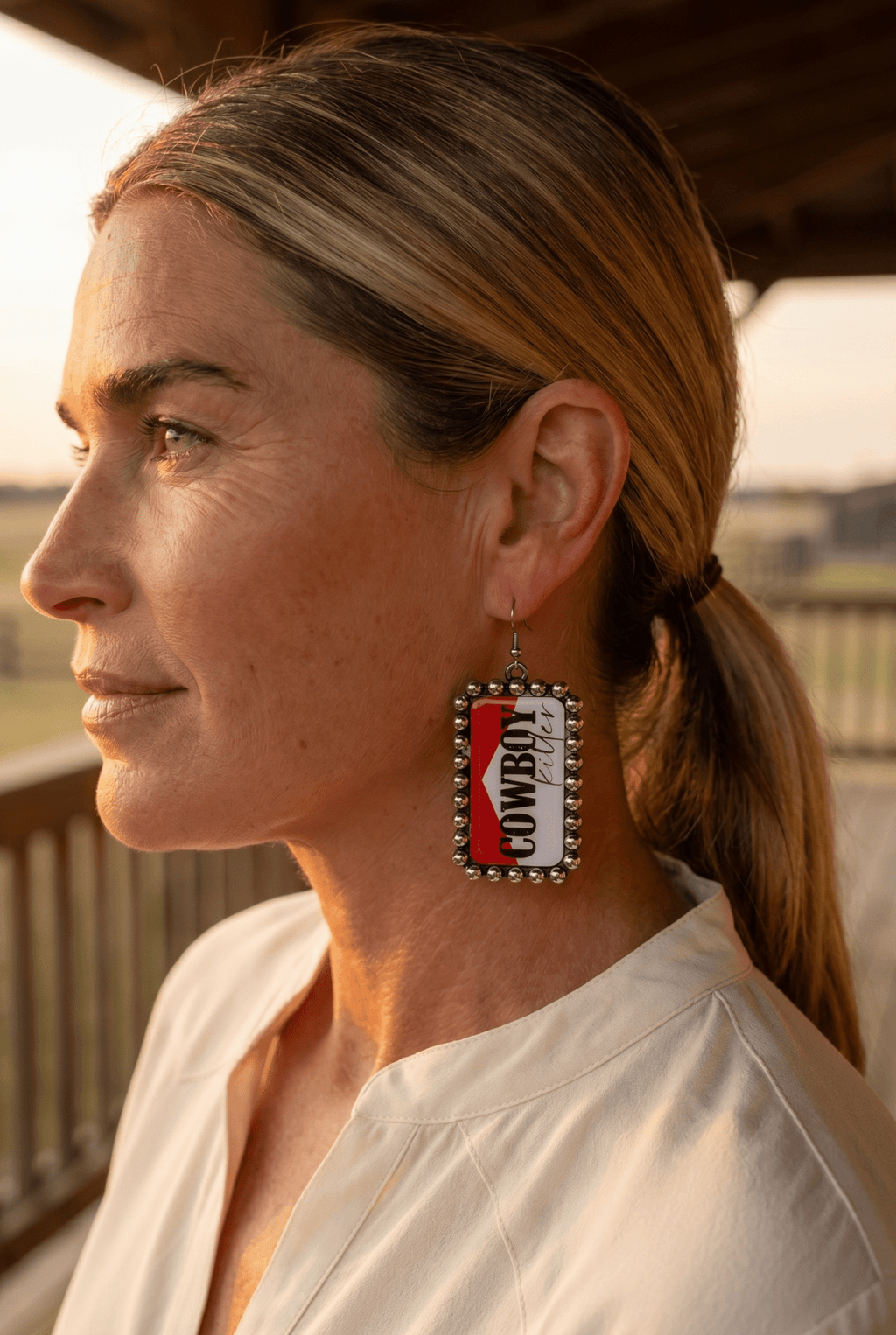 Cowboy Killer Rectangle Earrings — Red & White Western Statement