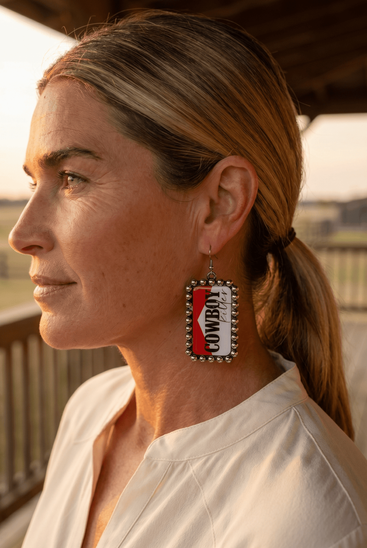 Cowboy Killer Rectangle Earrings — Red & White Western Statement