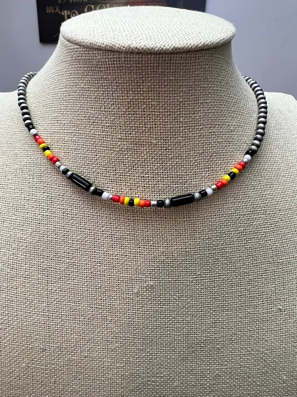 Cylinder Seed Bead Choker with Faux Silver Pearls — Multicolor 15 Inch with Extender