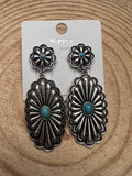 Double Concho Earrings with Faux Turquoise — Bold 3" Drop