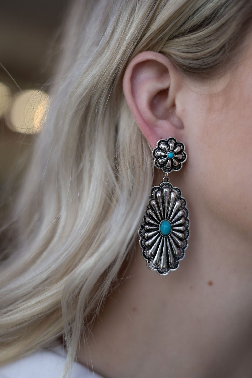 Double Concho Earrings with Faux Turquoise — Bold 3" Drop