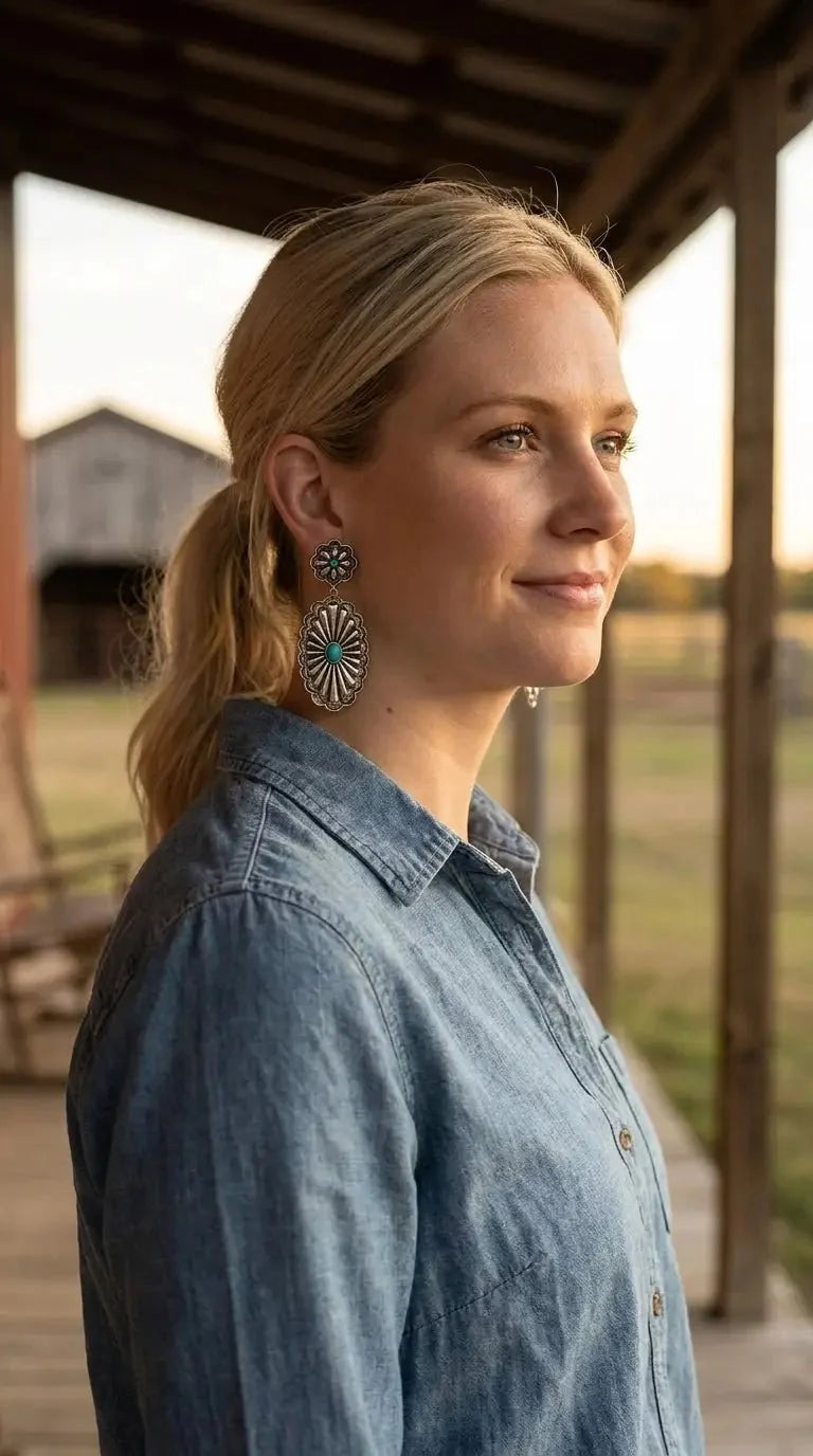Double Concho Earrings with Faux Turquoise — Bold 3" Drop