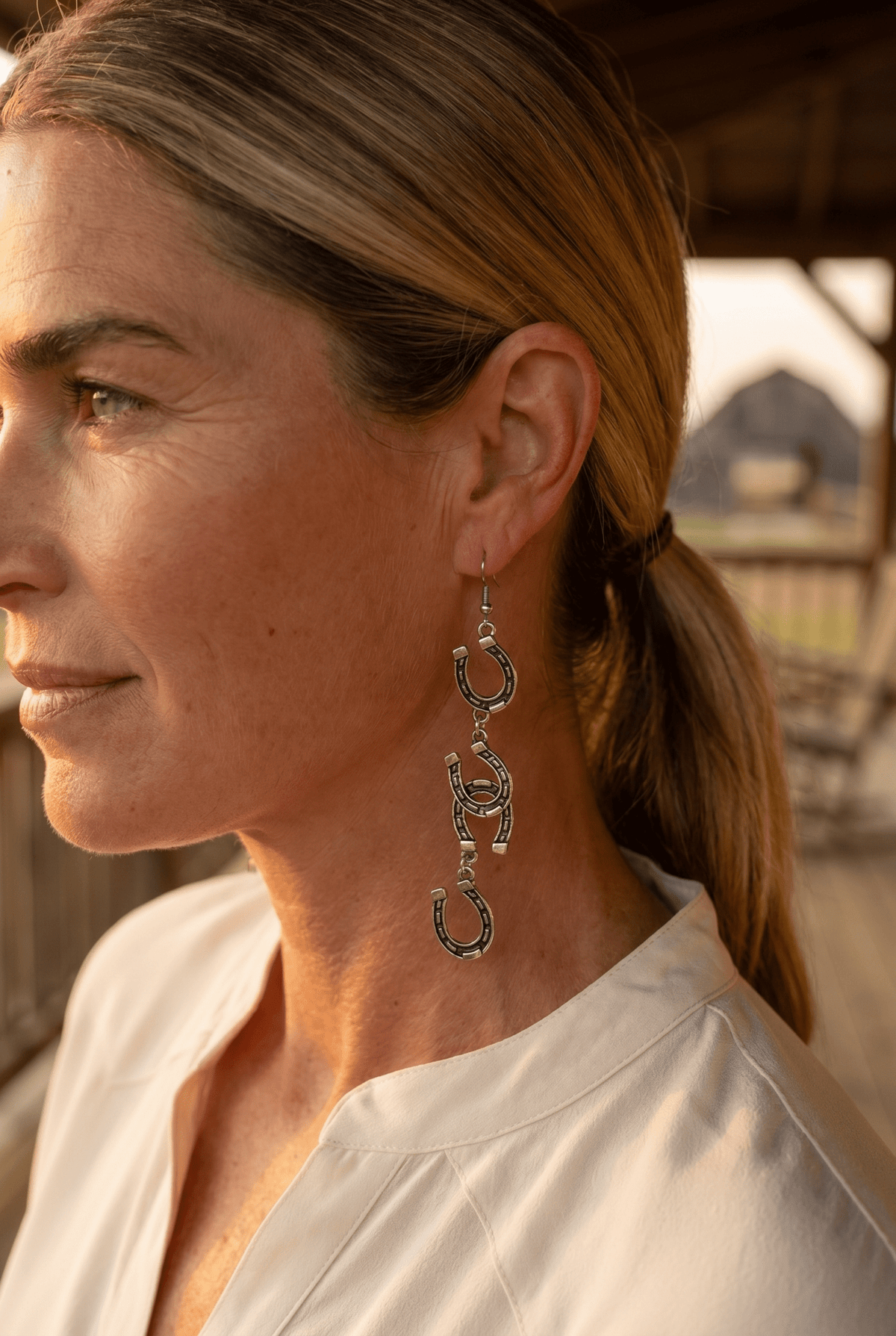 Western Horseshoe Dangle Earrings — Bold 3½" Statement Drop