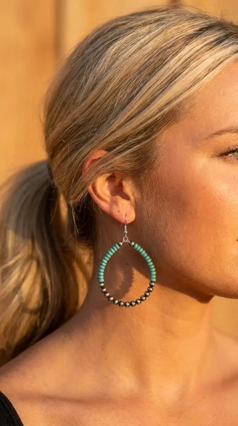 Faux Pearl & Turquoise Hoop Earrings with Disc Detail — 2½" Drop