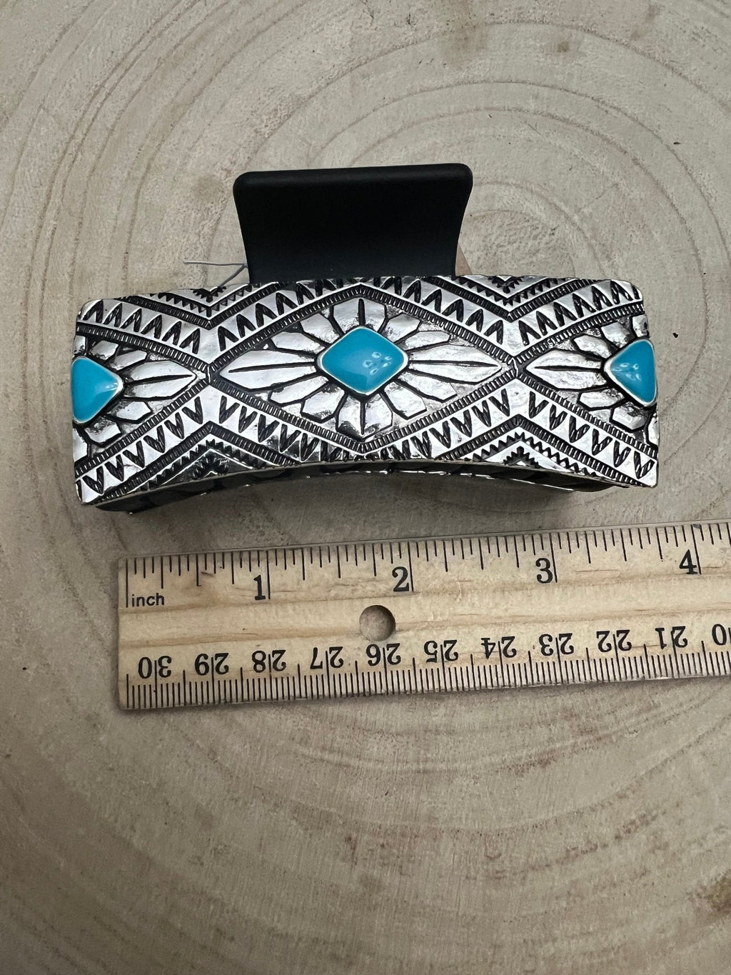 Faux Turquoise & Stamped Silver Hair Claw Clip — 3.5" Old West Statement