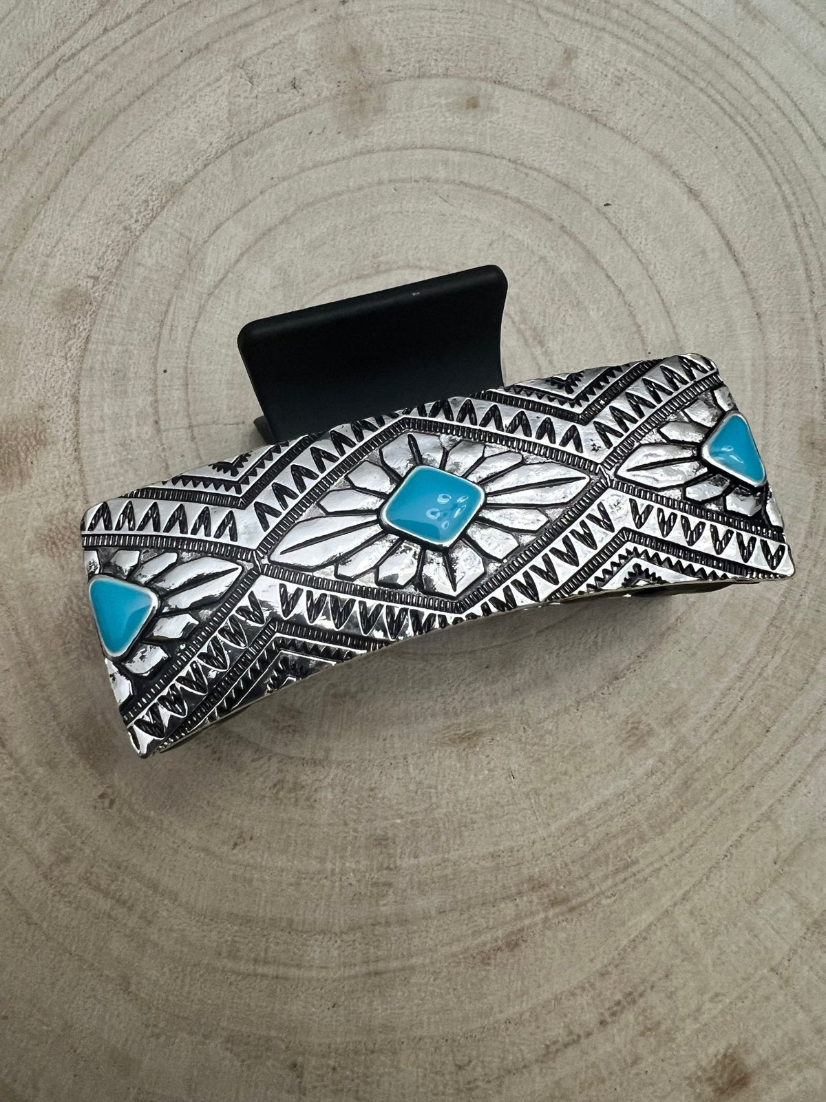 Faux Turquoise & Stamped Silver Hair Claw Clip — 3.5" Old West Statement