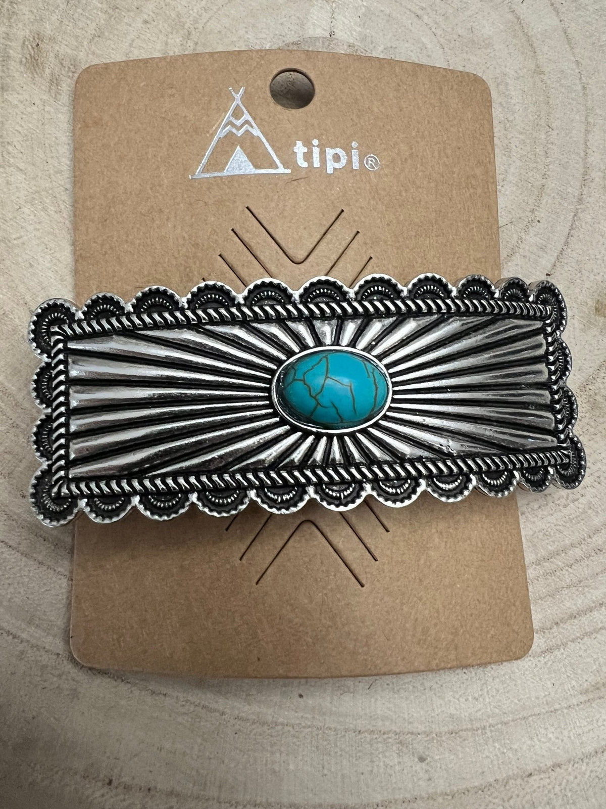Faux Turquoise Etched Silver Hair Barrette — 3" Old West Hair Statement