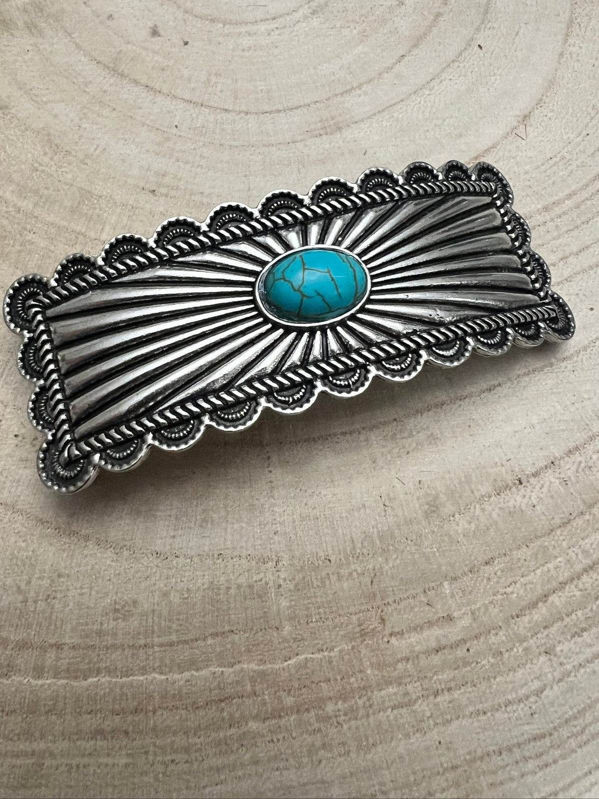 Faux Turquoise Etched Silver Hair Barrette — 3" Old West Hair Statement