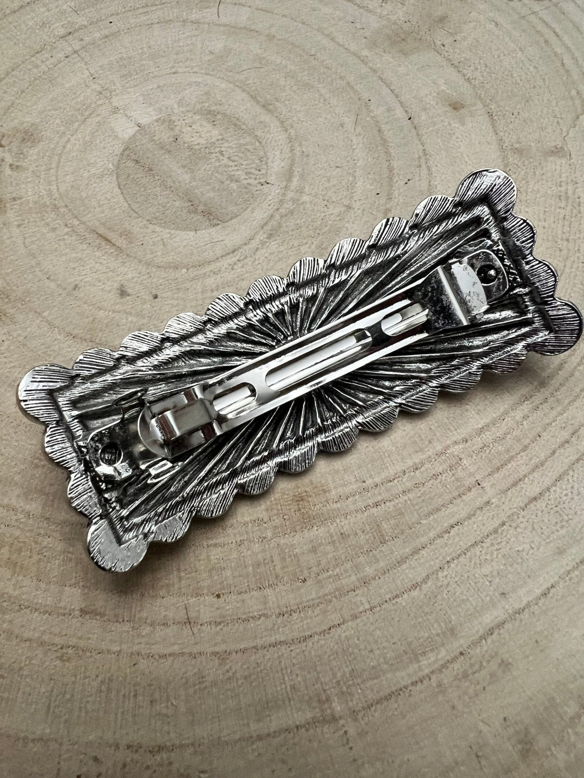 Faux Turquoise Etched Silver Hair Barrette — 3" Old West Hair Statement