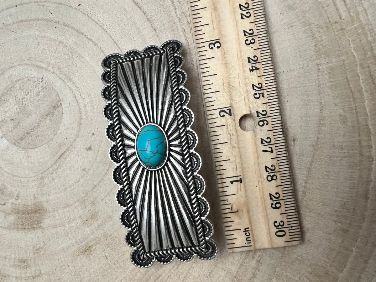 Faux Turquoise Etched Silver Hair Barrette — 3" Old West Hair Statement
