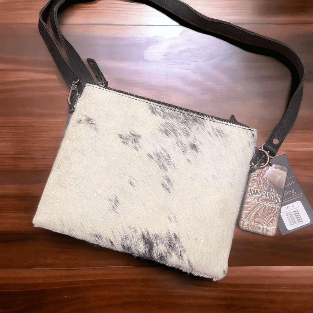 Hand-Tooled Genuine Hair-On Leather Crossbody Handbag — Full Grain Cowhide with YKK Zipper