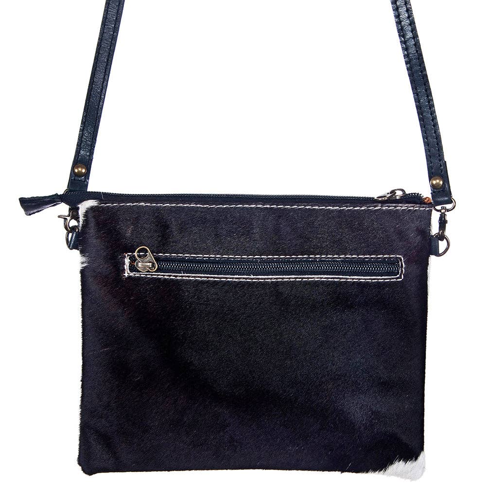 Hand-Tooled Genuine Hair-On Leather Crossbody Handbag — Full Grain Cowhide with YKK Zipper