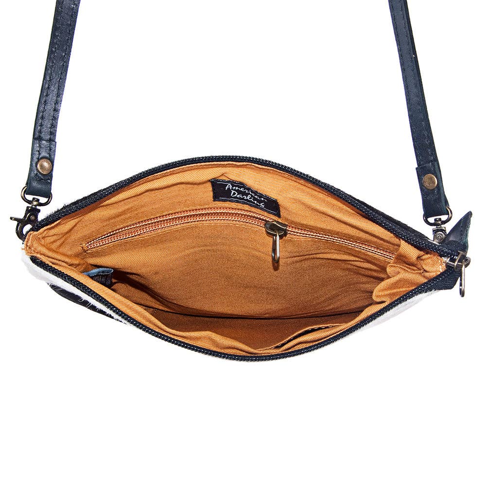 Hand-Tooled Genuine Hair-On Leather Crossbody Handbag — Full Grain Cowhide with YKK Zipper