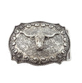 Long Horn Belt Buckle — Dark Antique Nickel with Rope Edge Border