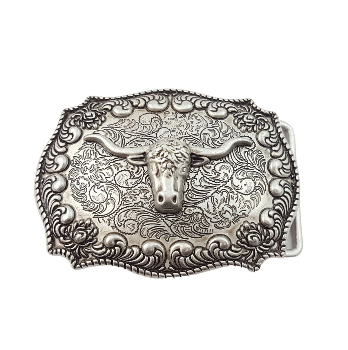 Long Horn Belt Buckle — Dark Antique Nickel with Rope Edge Border