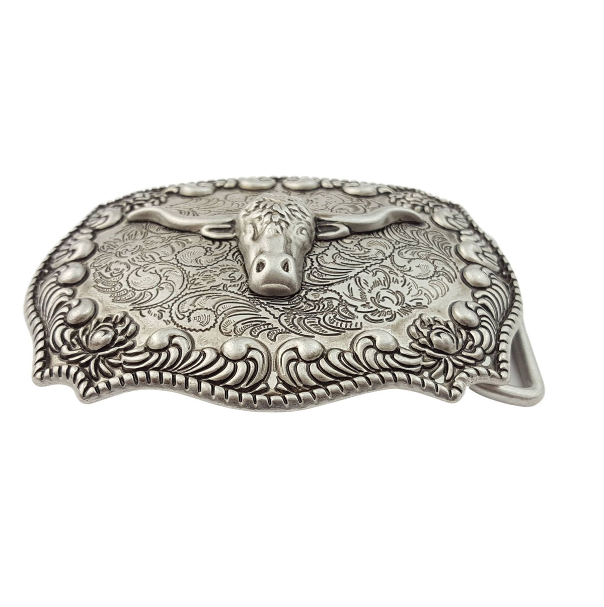 Long Horn Belt Buckle — Dark Antique Nickel with Rope Edge Border