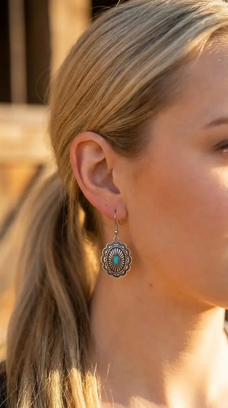 Oval Concho Earrings with Faux Turquoise — 1" Drop