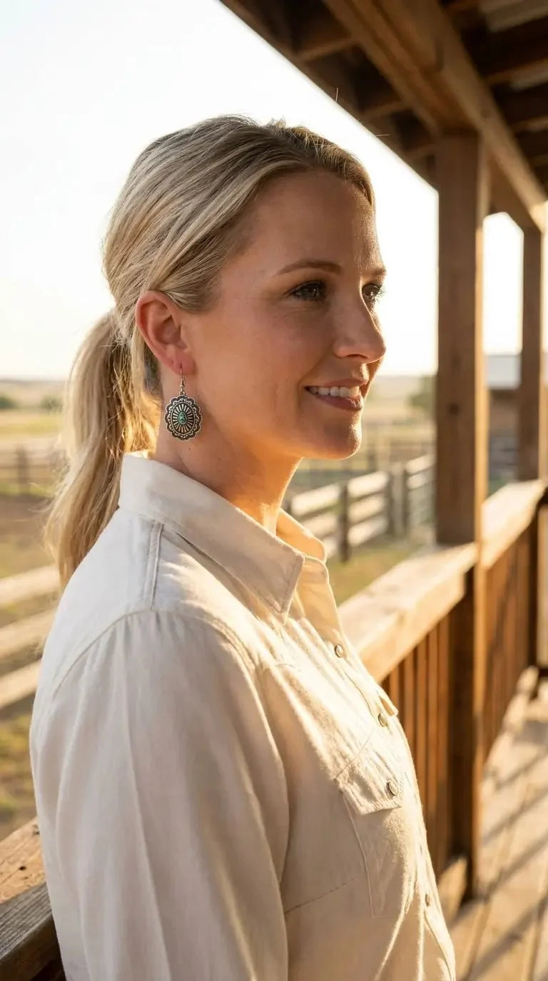 Oval Concho Earrings with Faux Turquoise — 1" Drop