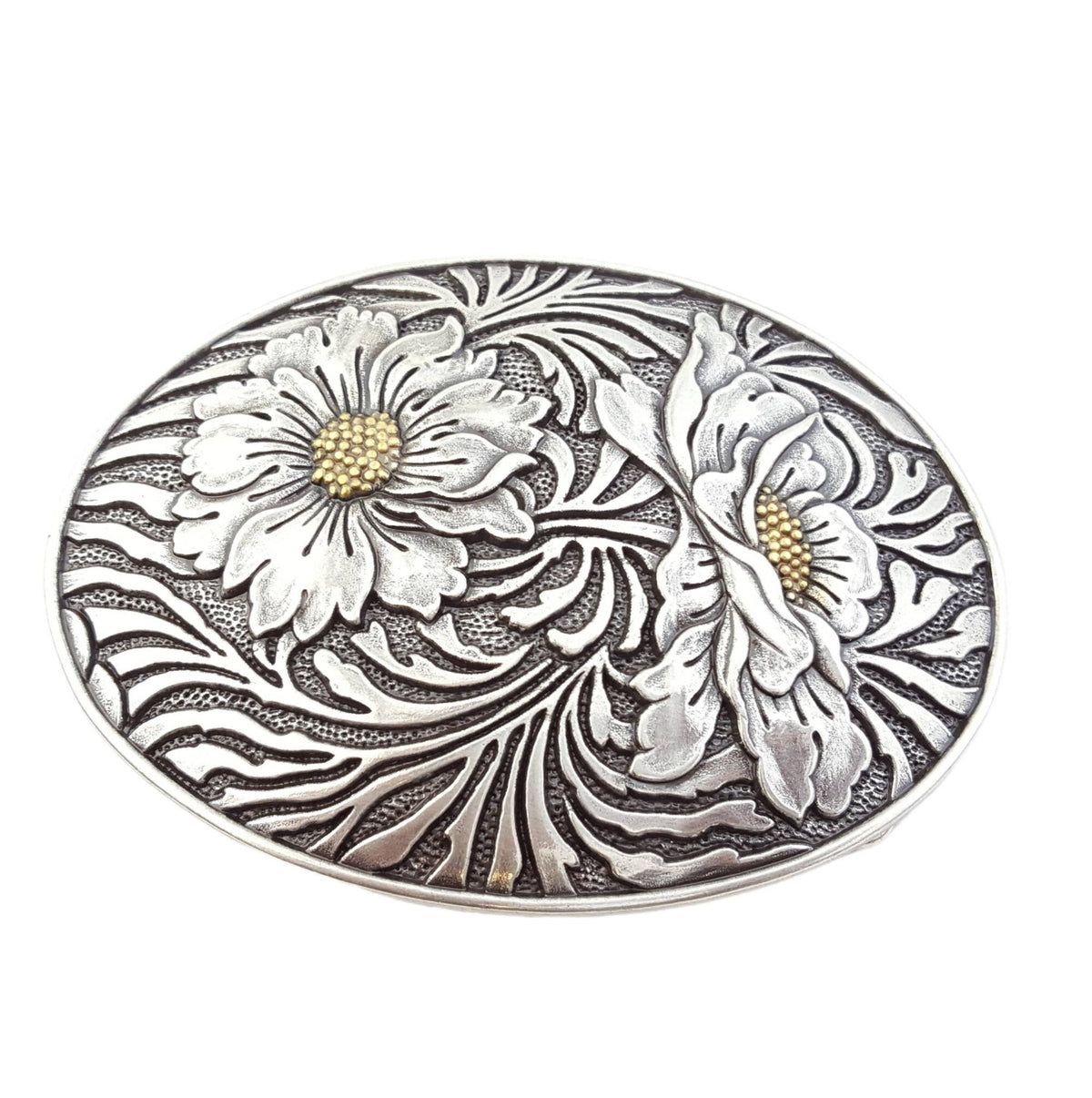 Oval Sunflower Belt Buckle — Premium Silver Plating with Gold Trim Accent