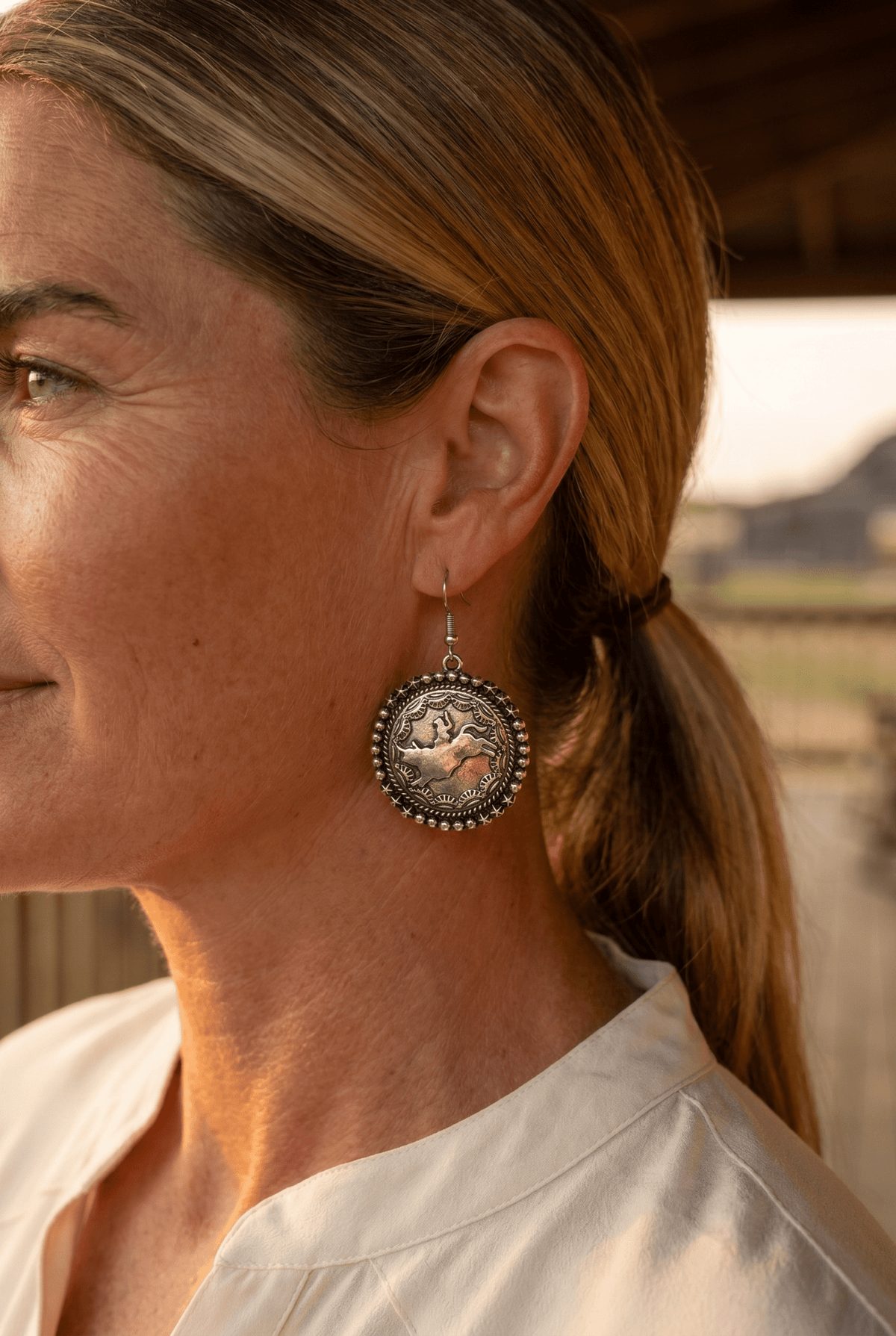 Rodeo Cowboy Pendant Earrings — Oxidized Silver Western Statement