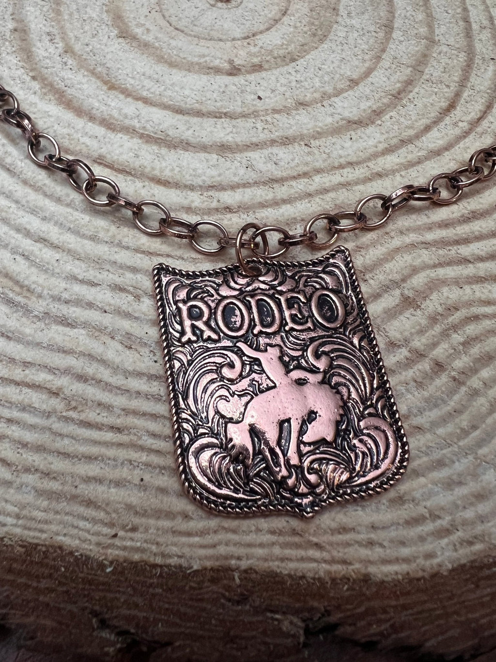 Rustic Brass Rodeo Pendant Necklace — 22 Inch Cowgirl Statement