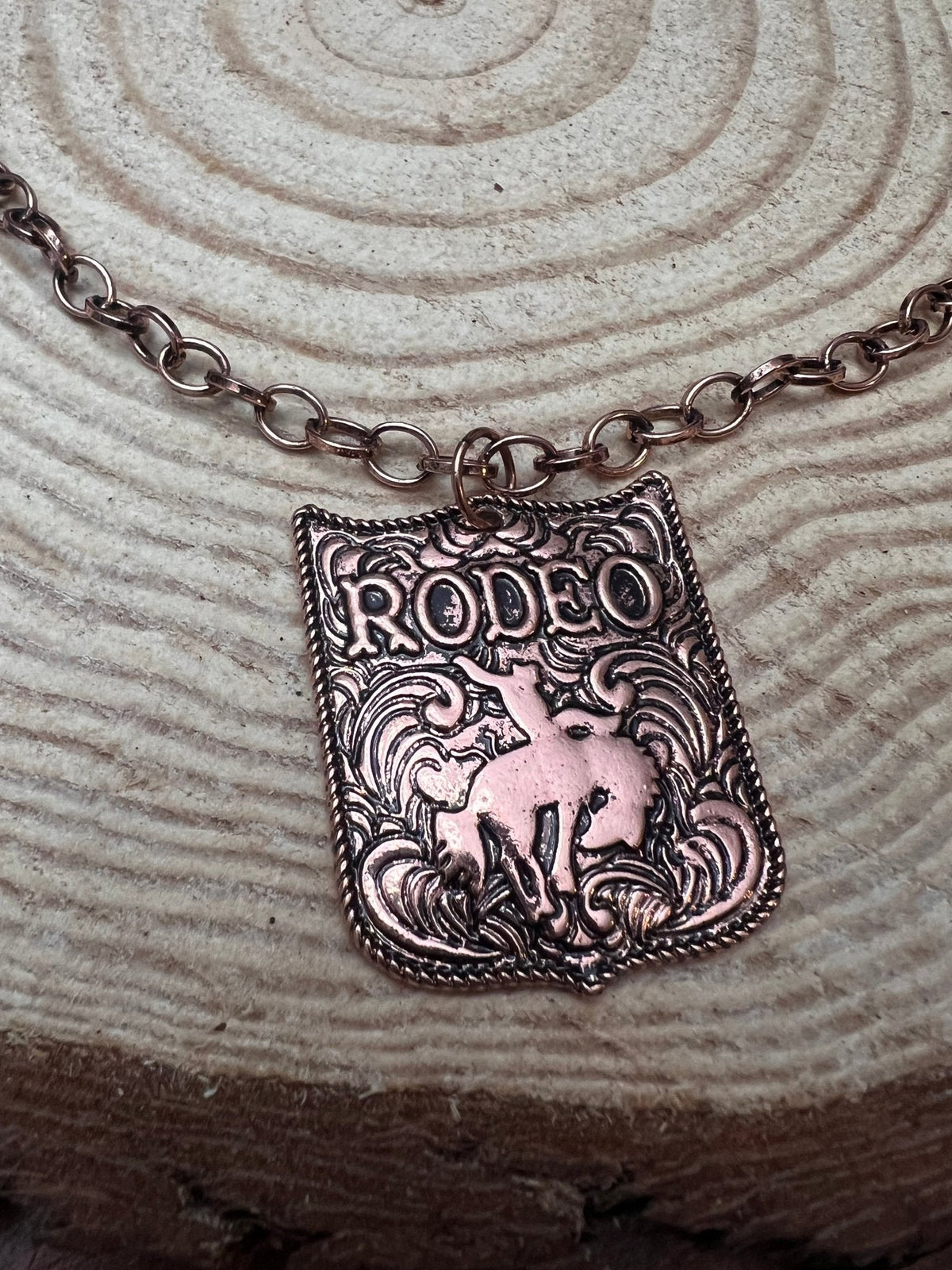 Rustic Brass Rodeo Pendant Necklace — 22 Inch Cowgirl Statement