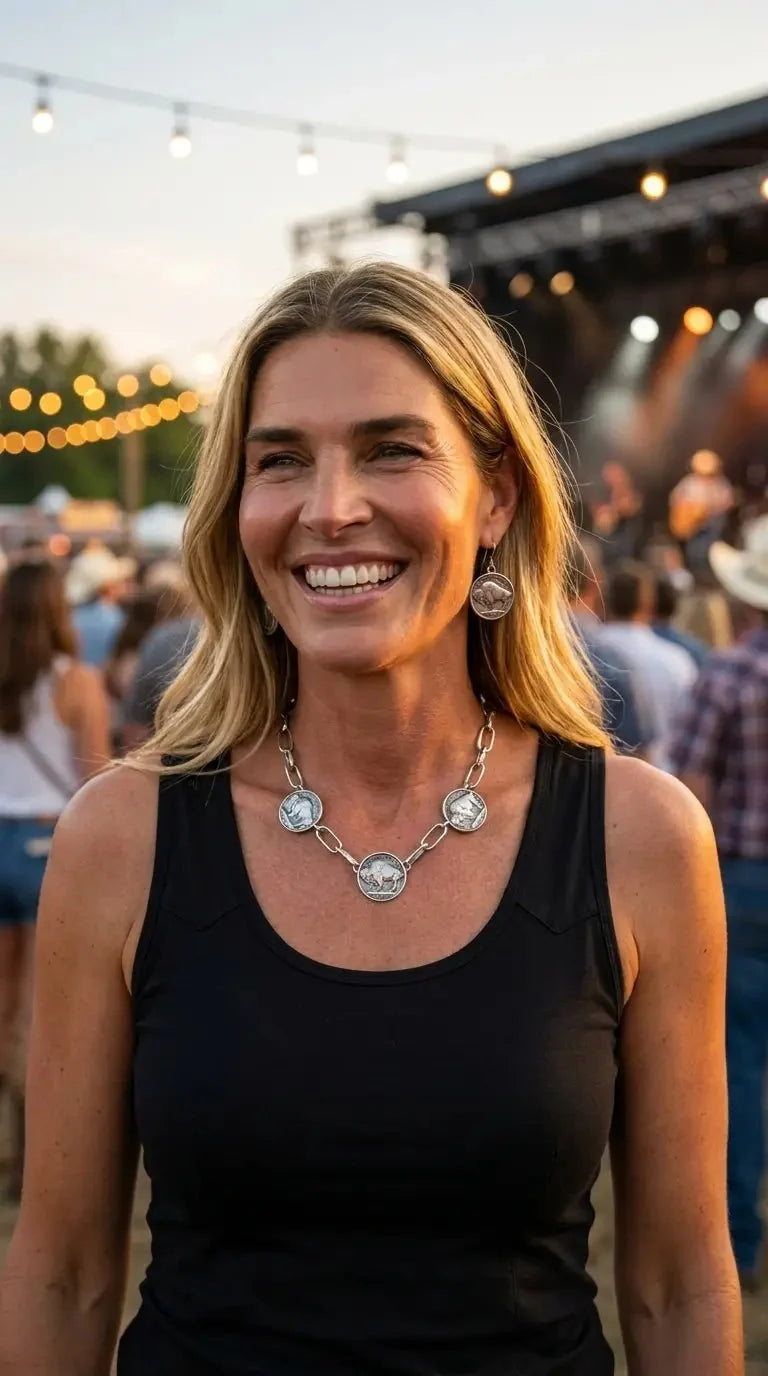 Rustic Buffalo Coin Choker & Earring Set — Burnished Silver Western Jewelry Duo