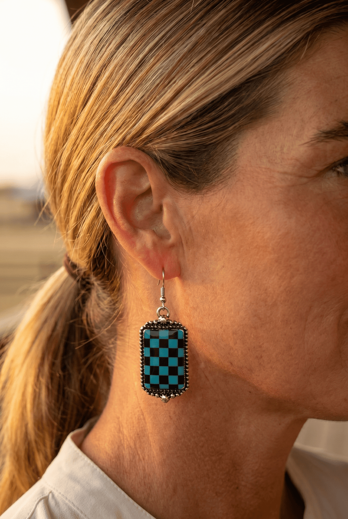 Western Turqoise & Black Checkered Rectangle Earrings — 1½" Drop