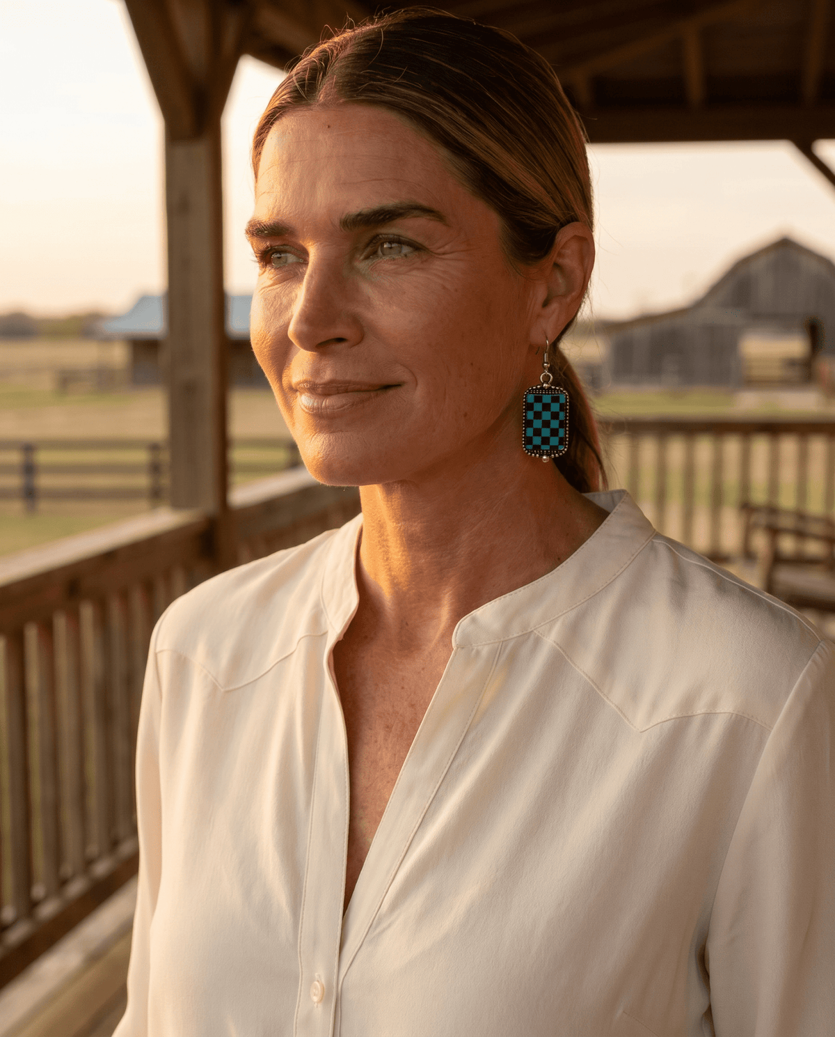 Western Turqoise & Black Checkered Rectangle Earrings — 1½" Drop