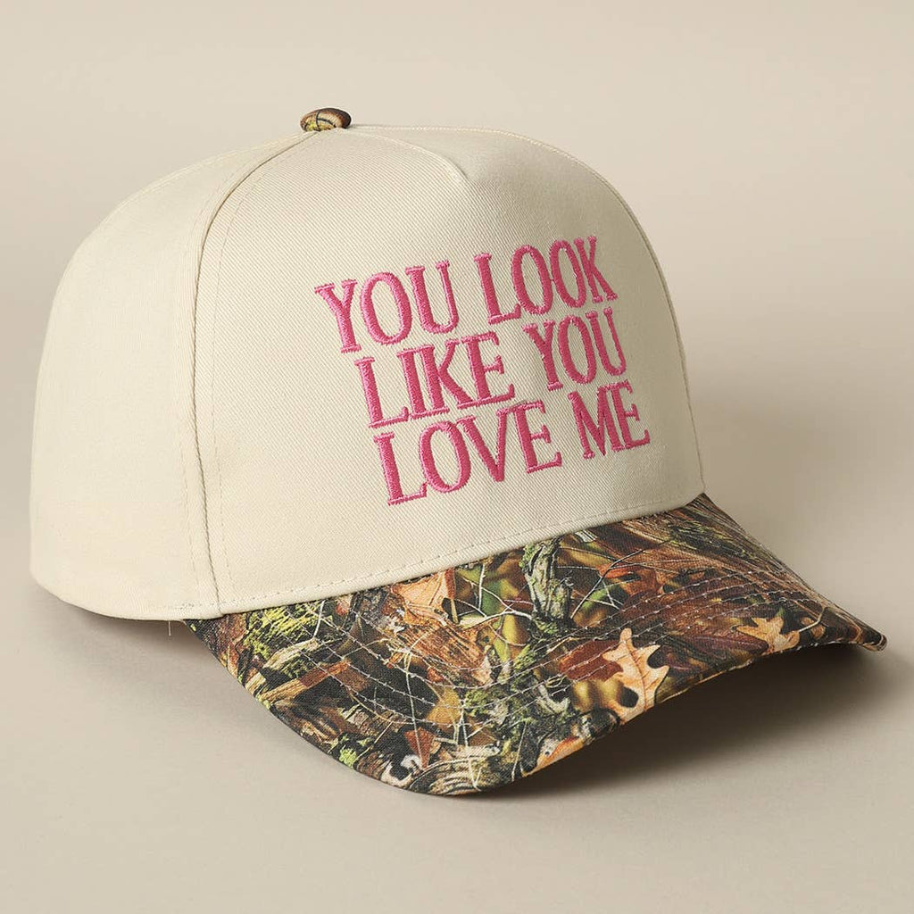 "You Look Like You Love Me" Embroidered Camo Trucker Hat — Cheeky Statement with Adjustable Snapback